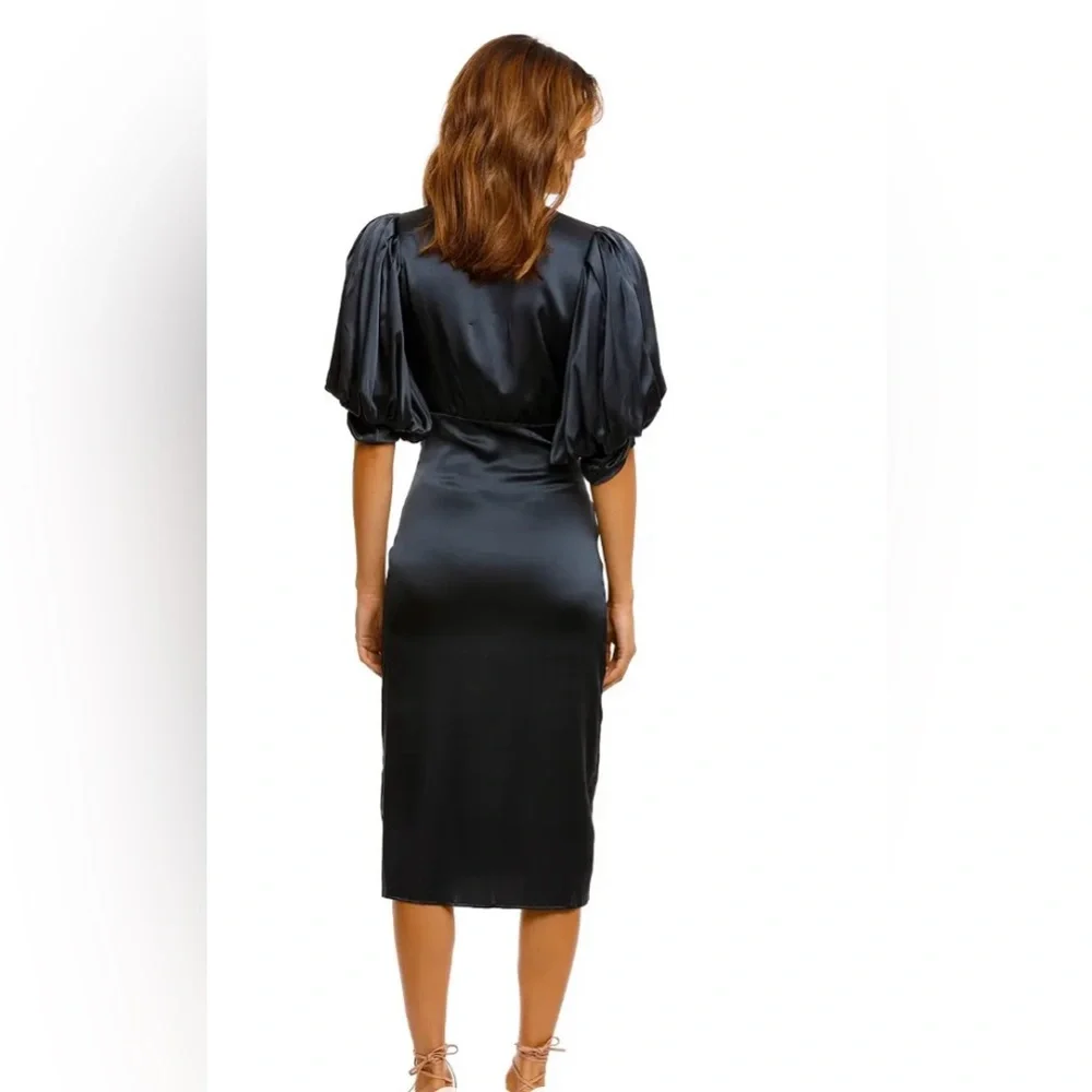 NWT MAGALI PASCAL Navy Baron long dress Puff-Sleeved Midi Dress silk Size M - Picture 3 of 11